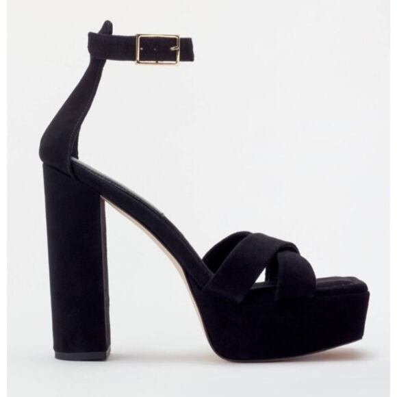 Good American Platform Block Heel Black Suede Ankle Strap Chunky Sandal 10.5 NEW - Picture 4 of 12